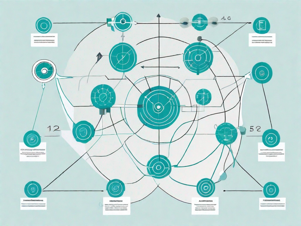 A work breakdown structure diagram intertwined with marketing icons such as targets