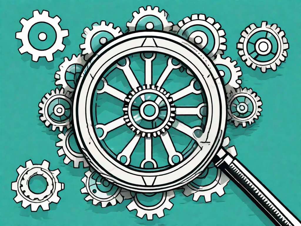 A magnifying glass focusing on a symbolic representation of crm (customer relationship management) system with various interconnected gears and cogs