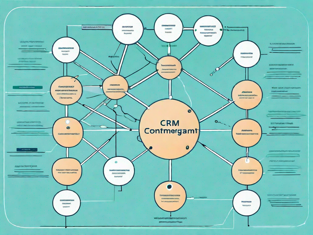 A data flow diagram with various interconnected nodes representing different aspects of crm management