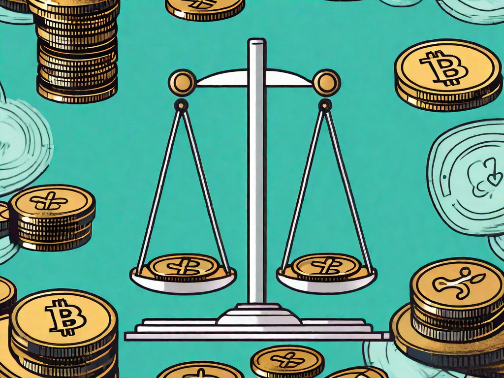 A balanced scale with crm tools on one side and stacks of coins on the other