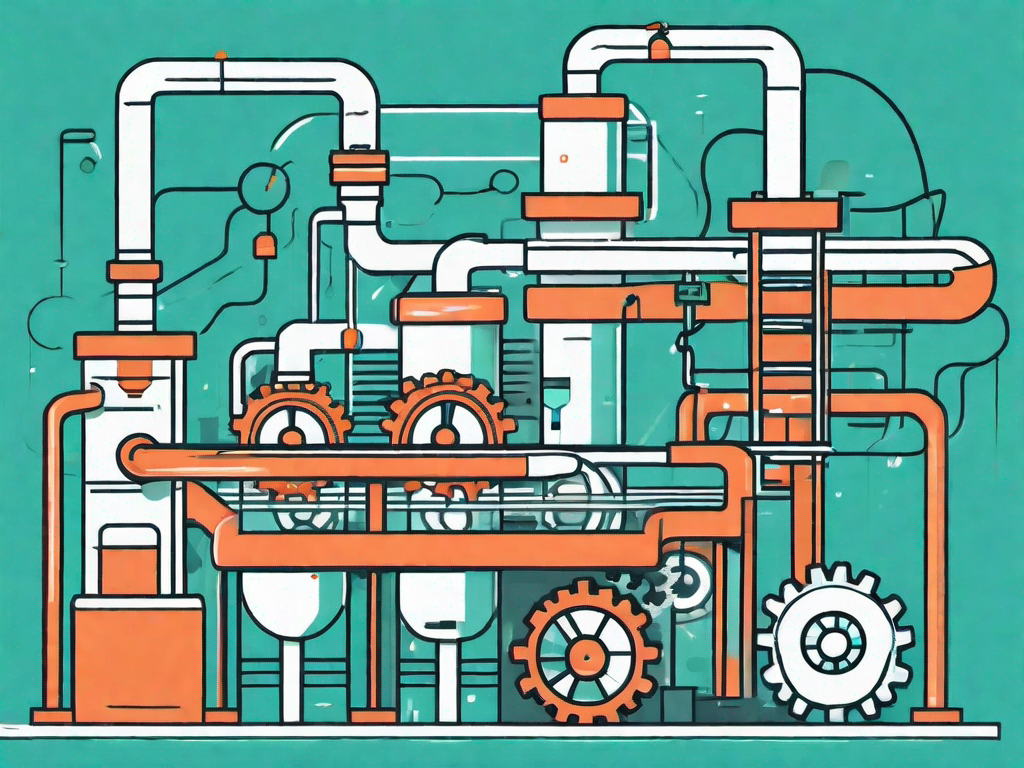 A crm system represented as a factory with different components such as gears and conveyor belts