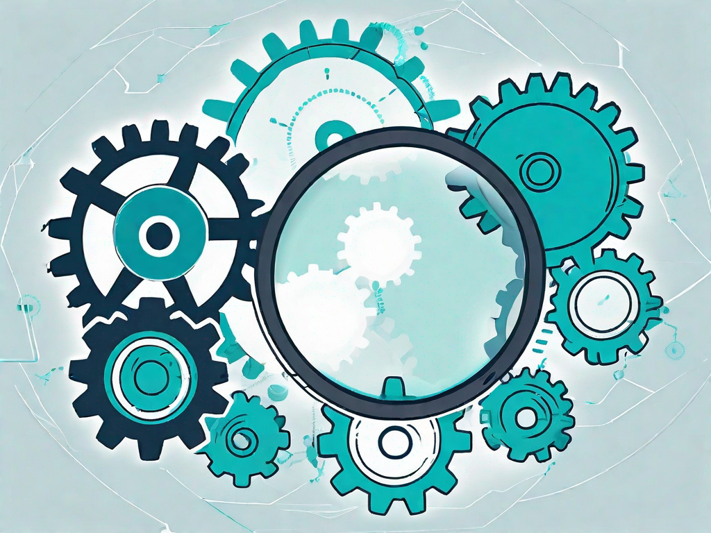 A magnifying glass focusing on a set of gears interlocked with a cloud symbol