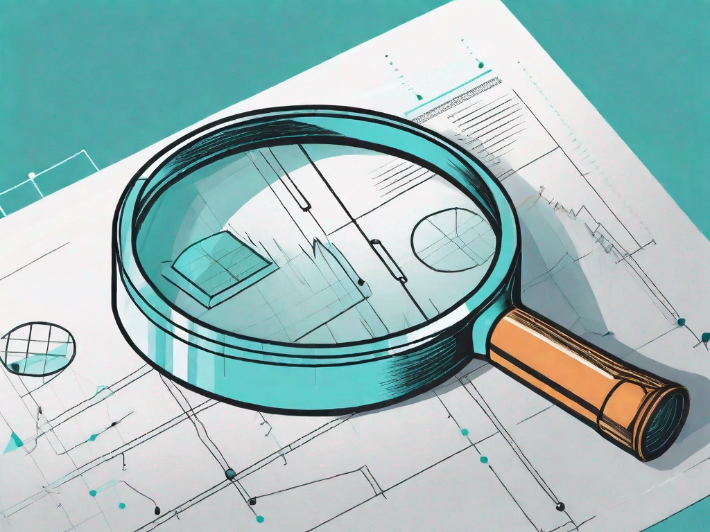 A magnifying glass hovering over a survey form and a four-sectioned chart representing swot (strengths