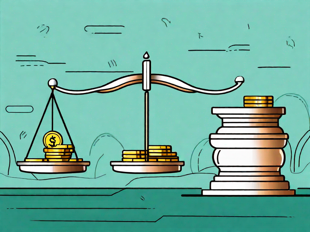 A balanced scale with customer feedback forms on one side and stacks of coins on the other