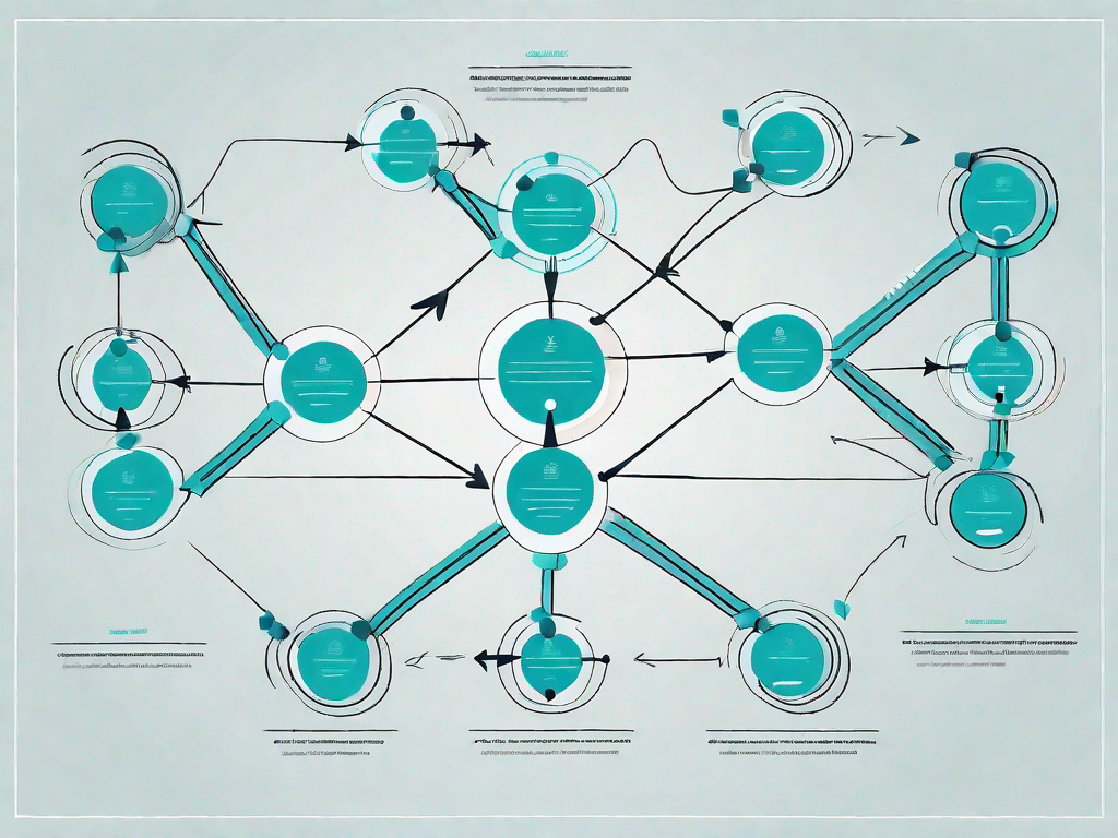 A data flow diagram with various interconnected nodes and arrows