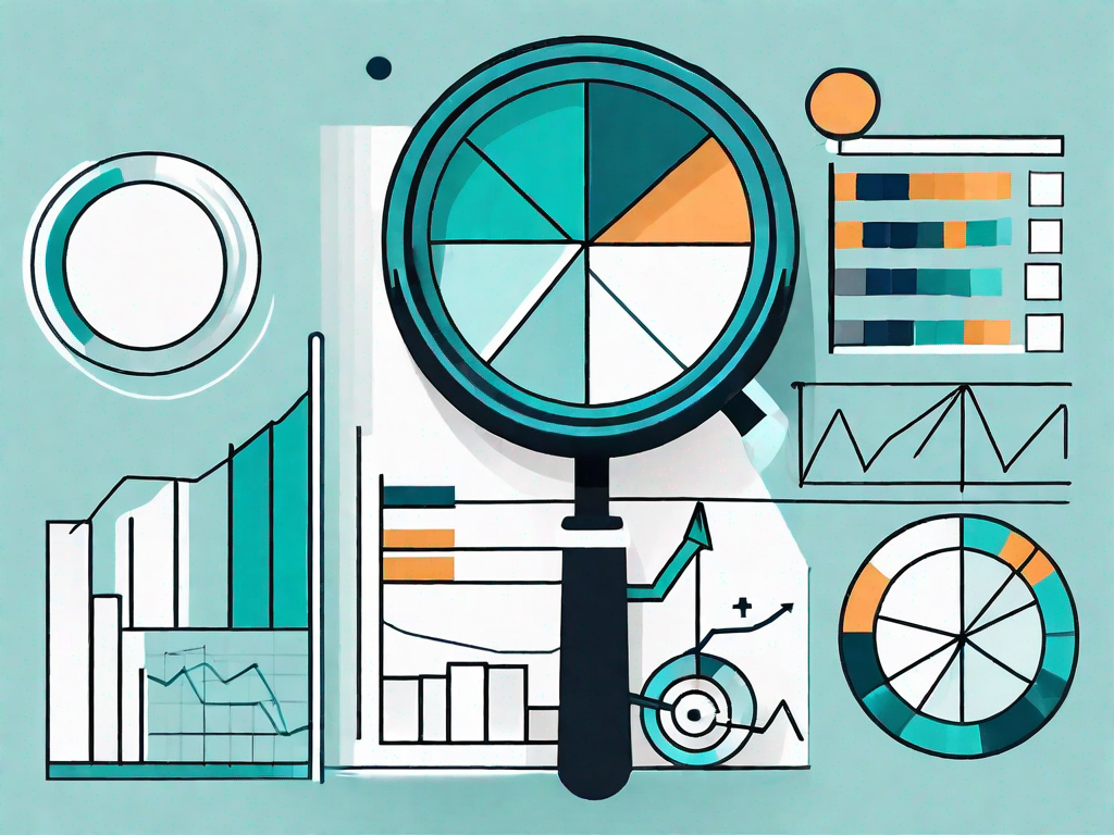 A magnifying glass focusing on a pie chart and bar graphs