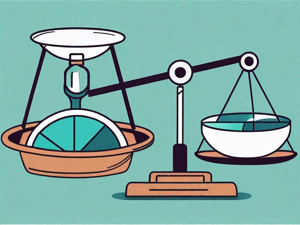 A magnifying glass focusing on a pie chart and a balance scale