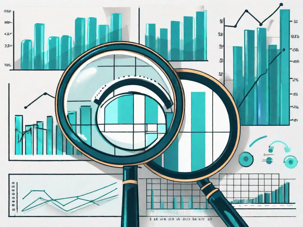 A magnifying glass hovering over a set of bar graphs and pie charts