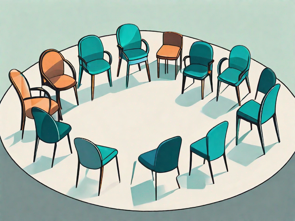 A magnifying glass focusing on a group of different colored chairs arranged in a circle