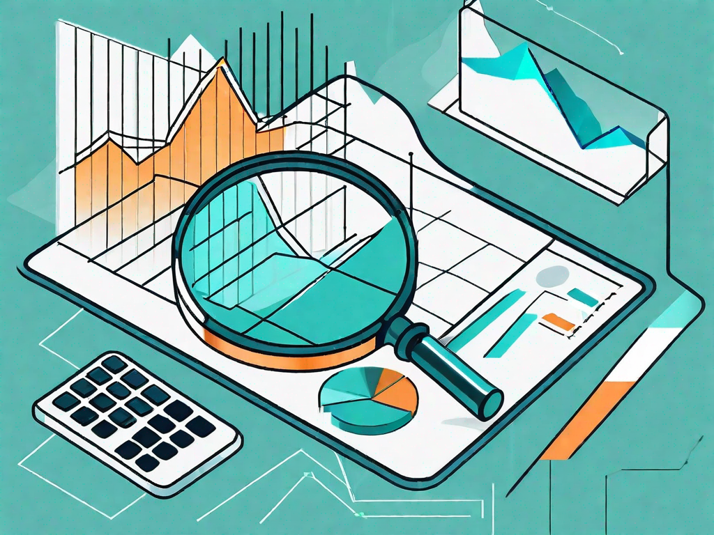 A magnifying glass hovering over a pie chart and bar graphs