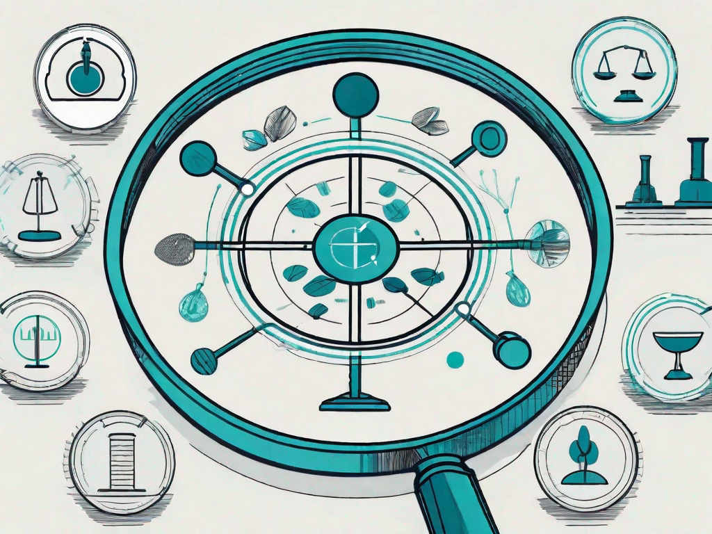 A magnifying glass focusing on six different symbols representing the pestle factors (political