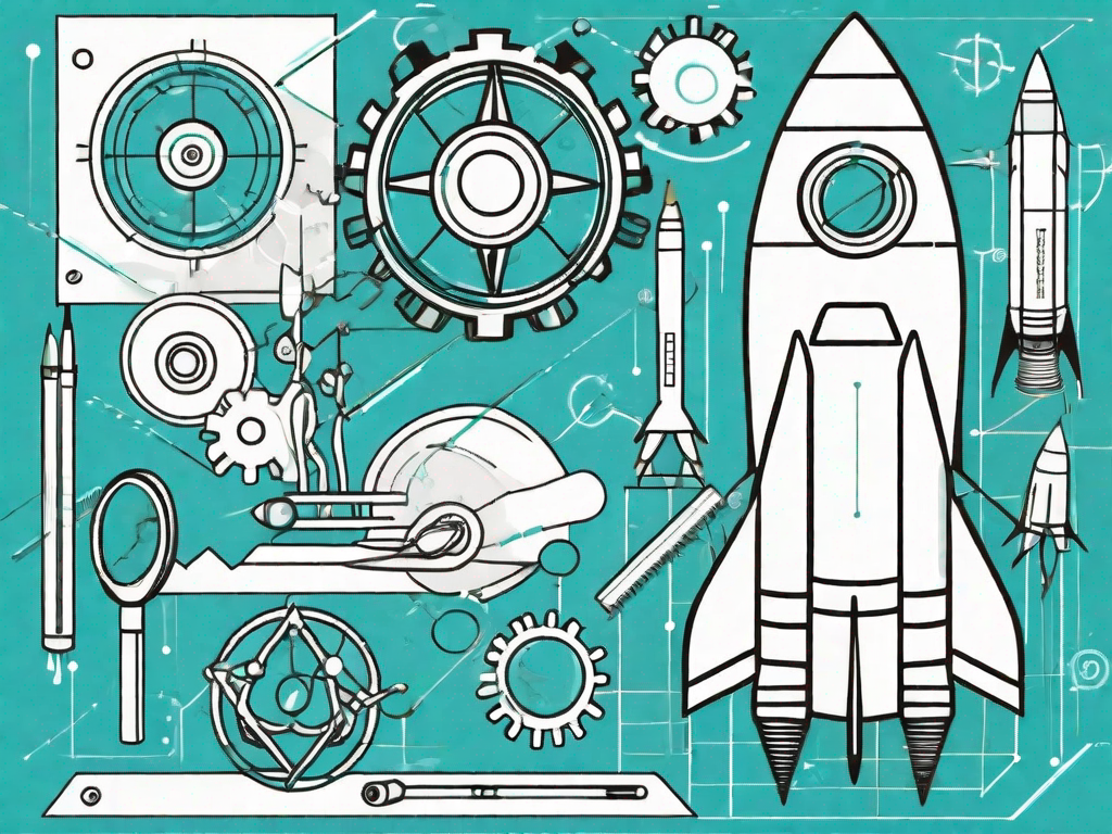 A rocket launch pad with various tools such as magnifying glass