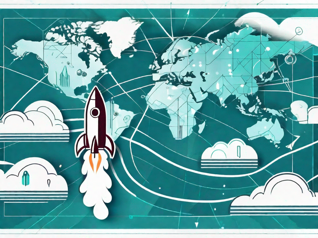 A product rocket launch ascending from a detailed map