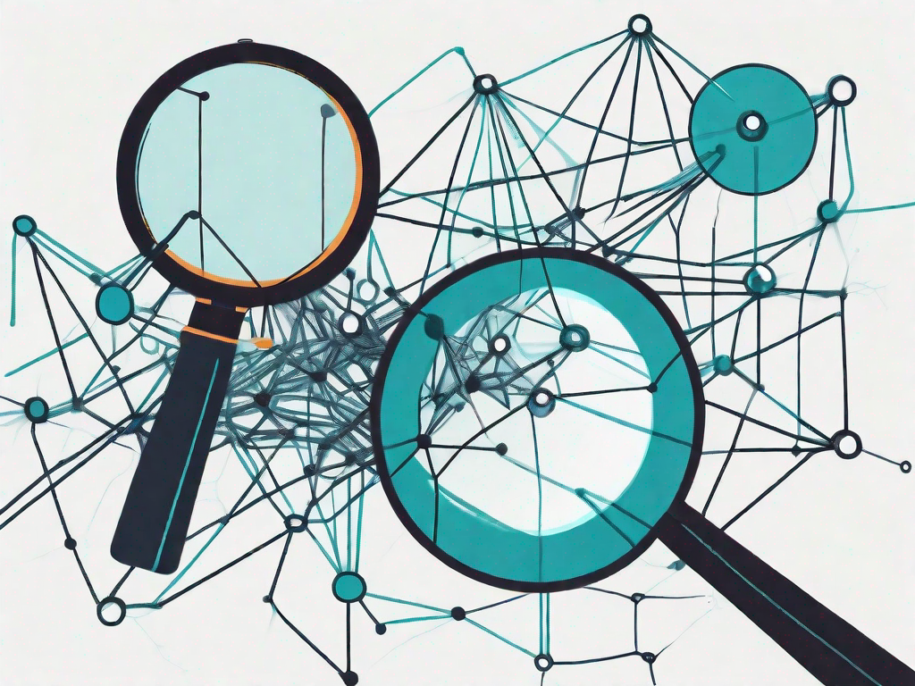 A magnifying glass focusing on a tangled web of interconnected items (representing different products or services)