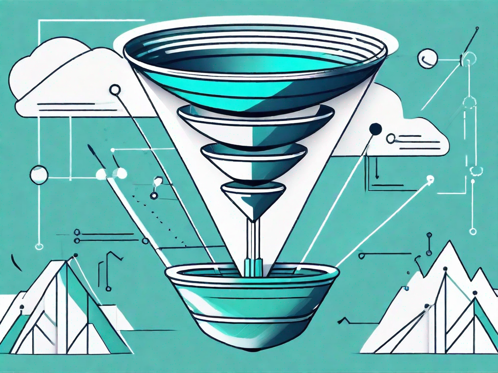 A sales funnel with different products interconnected by arrows and surrounded by abstract shapes representing use case models