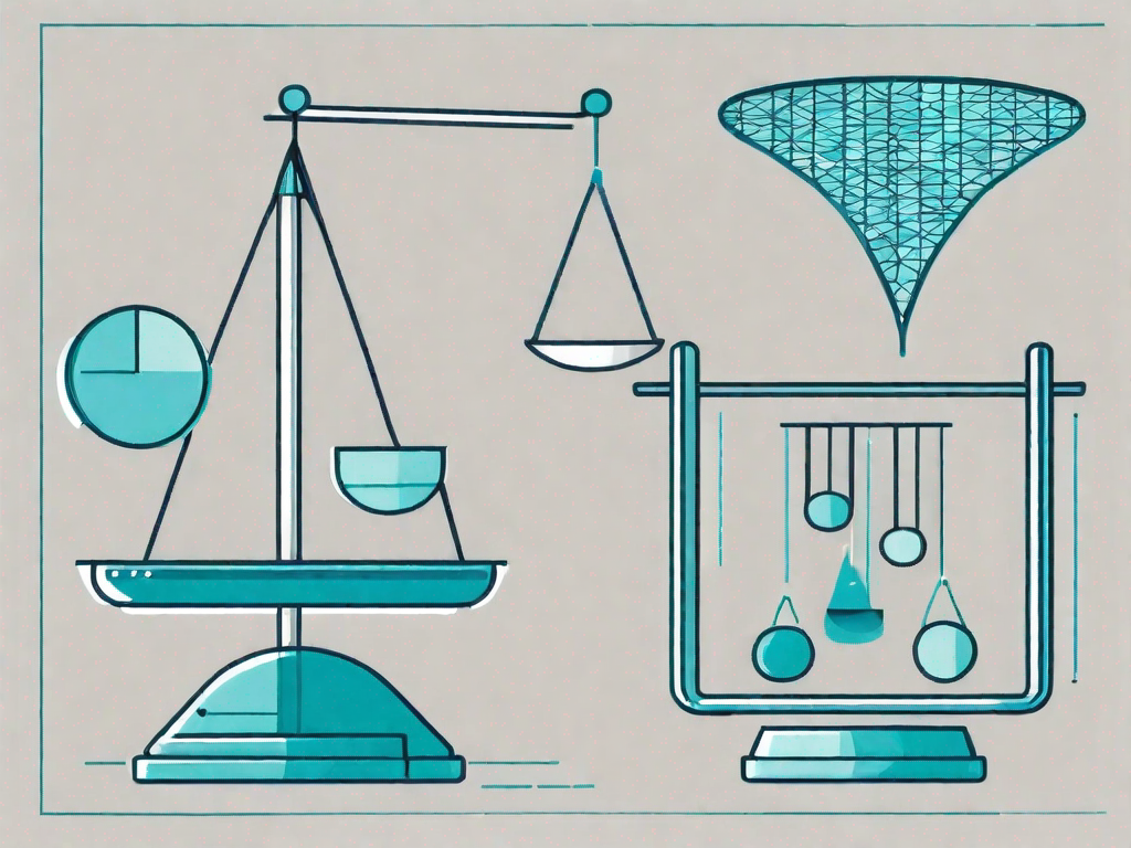 A set of scales balancing different product icons with a graph in the background to symbolize regression analysis