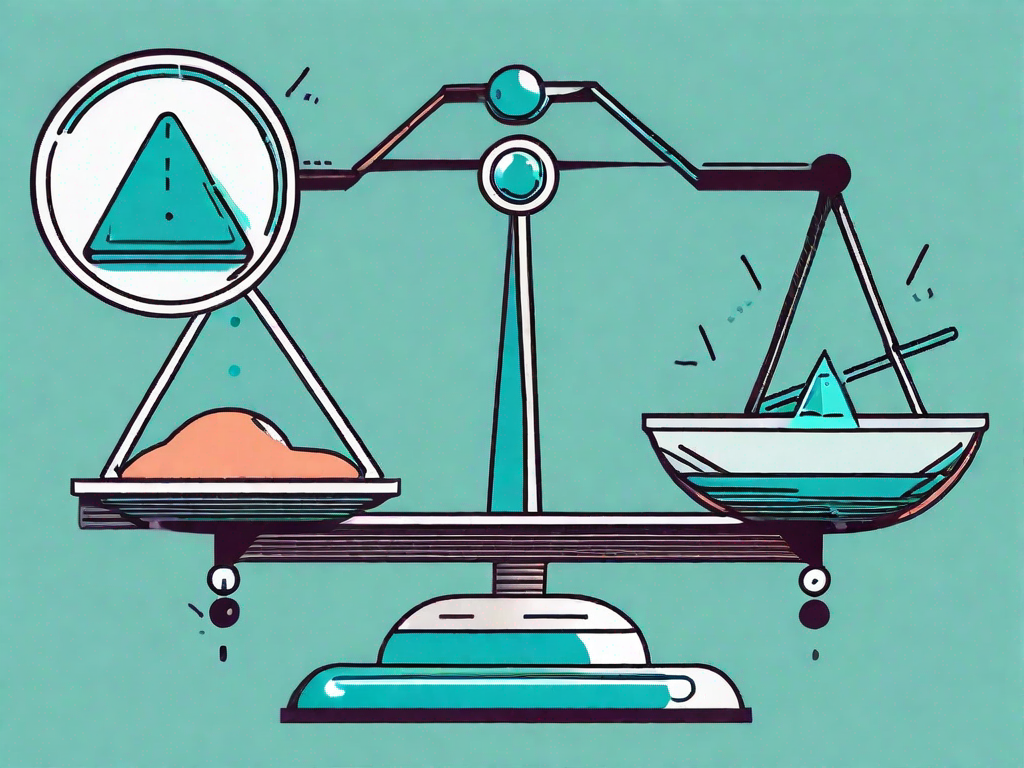 A pair of scales balancing different aspects of a product (represented by abstract shapes) on one side and potential failure modes (represented by different symbols) on the other