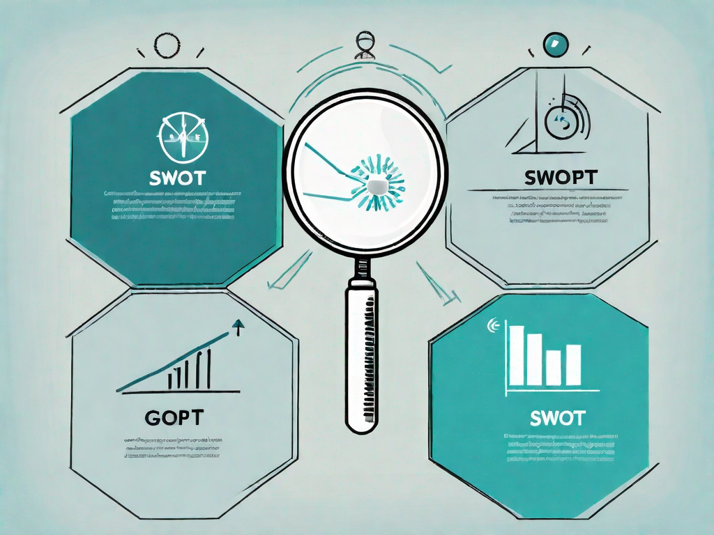 A magnifying glass hovering over a four-quadrant swot (strengths