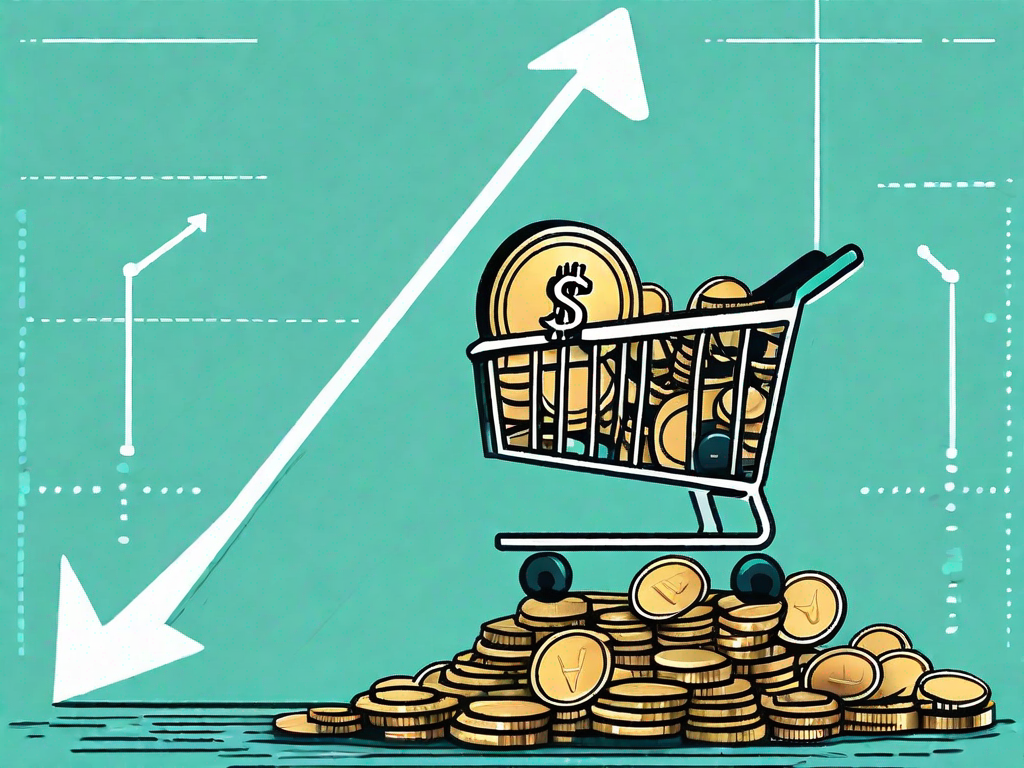 A scale balancing a shopping cart filled with products on one side and a pile of coins on the other