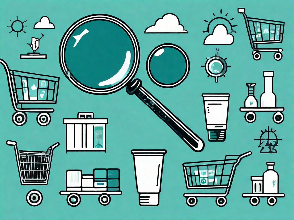 A magnifying glass hovering over a shopping cart filled with various products