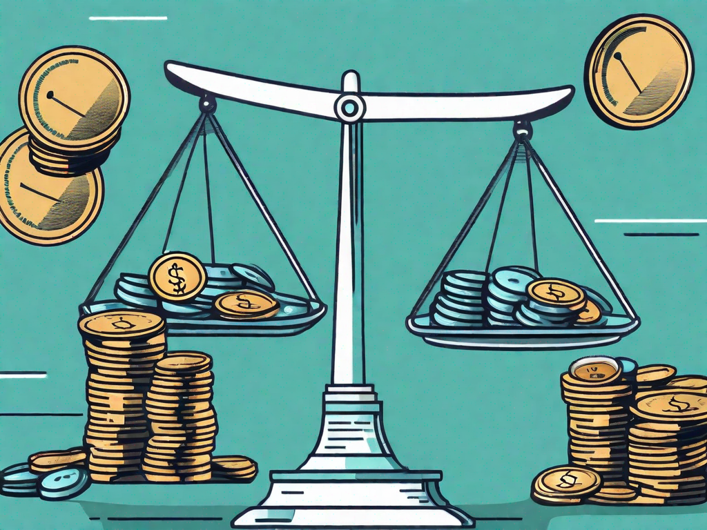 A scale balancing a bundle of products on one side and a pile of coins on the other