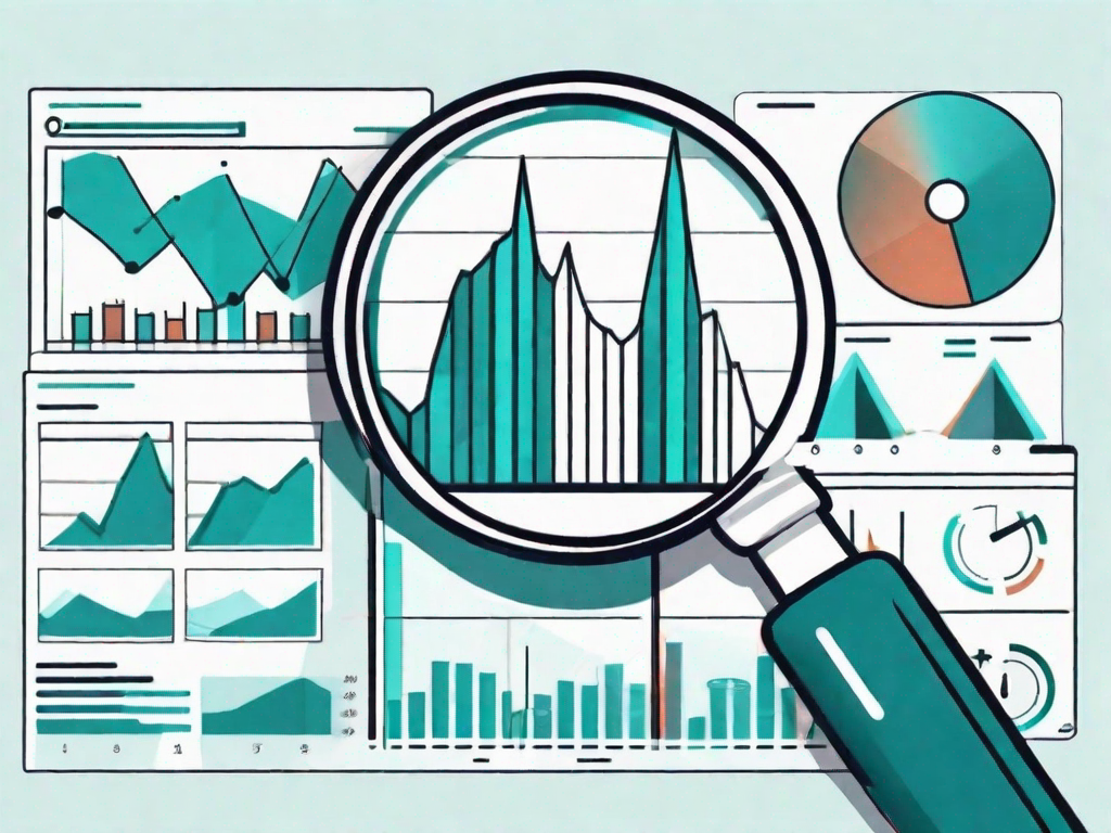 A magnifying glass focusing on a bundle of goods with graphs and charts in the background