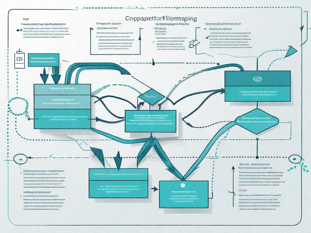 A process flowchart with various stages symbolizing value stream mapping