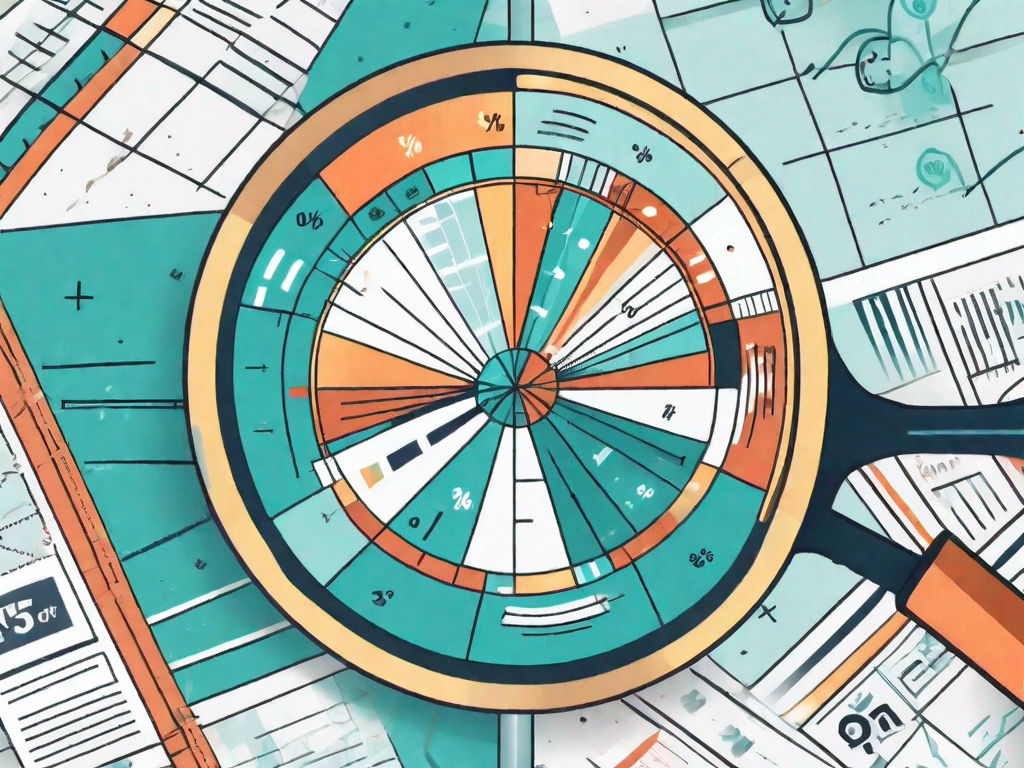 A magnifying glass focusing on a pie chart with four sections