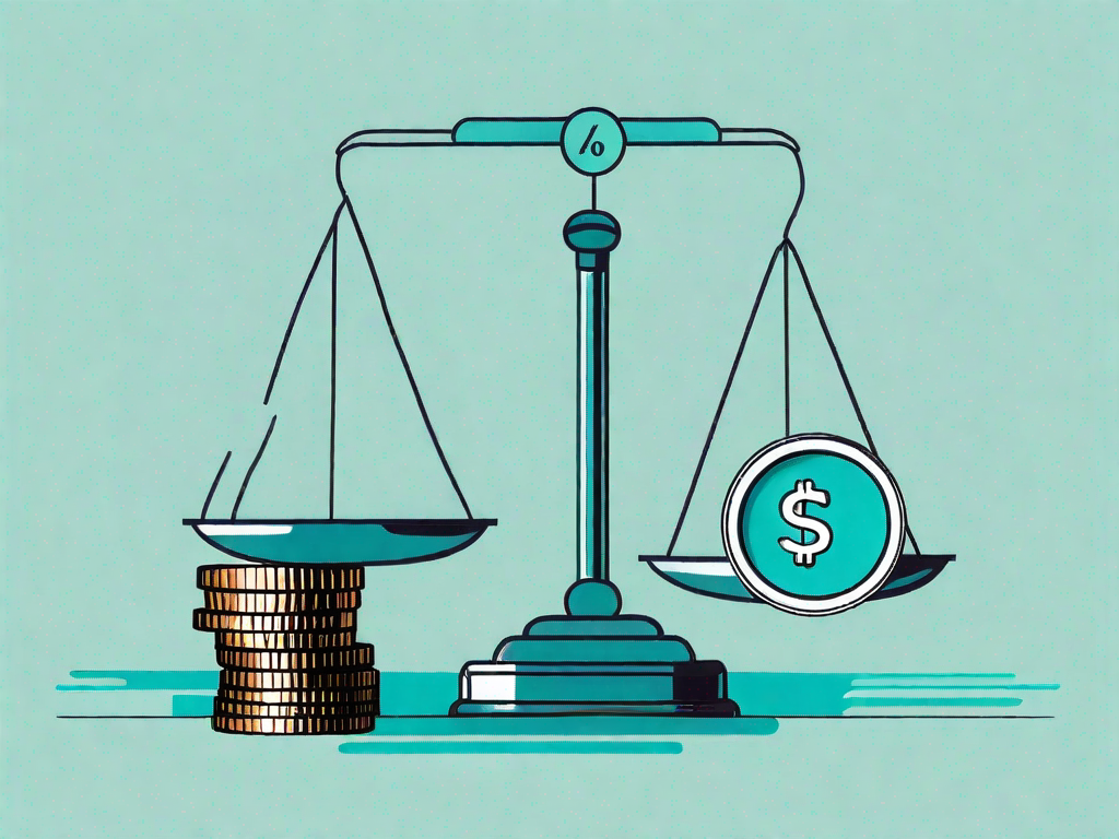 A scale balancing a pile of coins on one side and a percentage symbol on the other