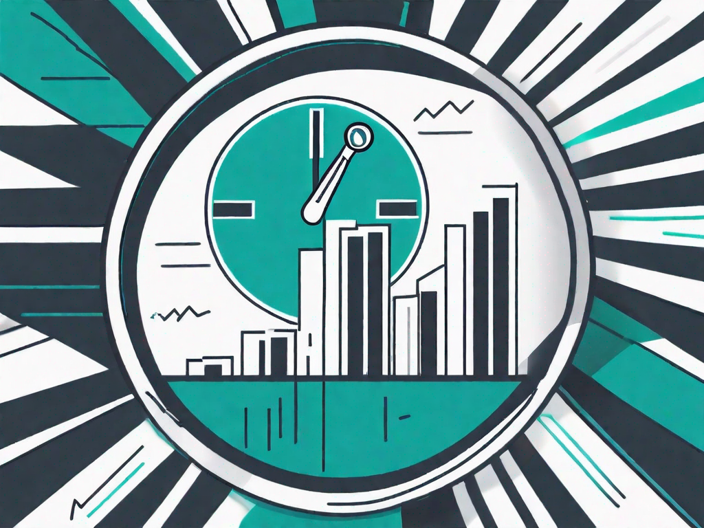 A magnifying glass focusing on a pie chart and bar graph representing kpis