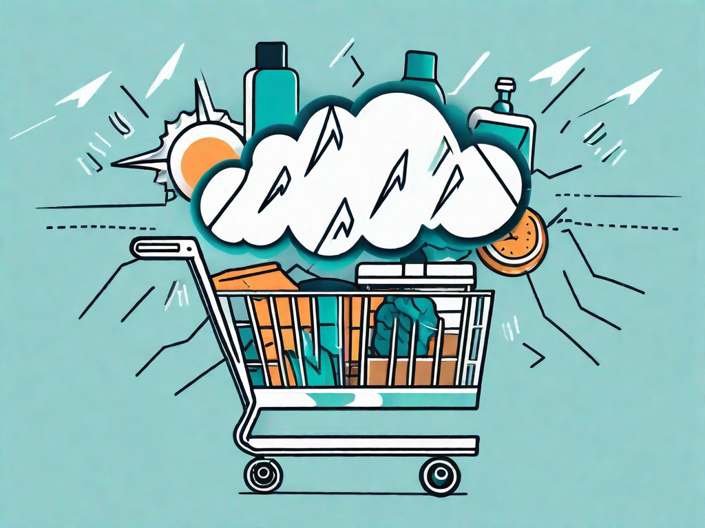 A storm cloud over a shopping cart filled with various items