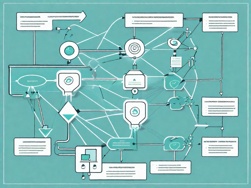 A data flow diagram with various interconnected nodes and arrows