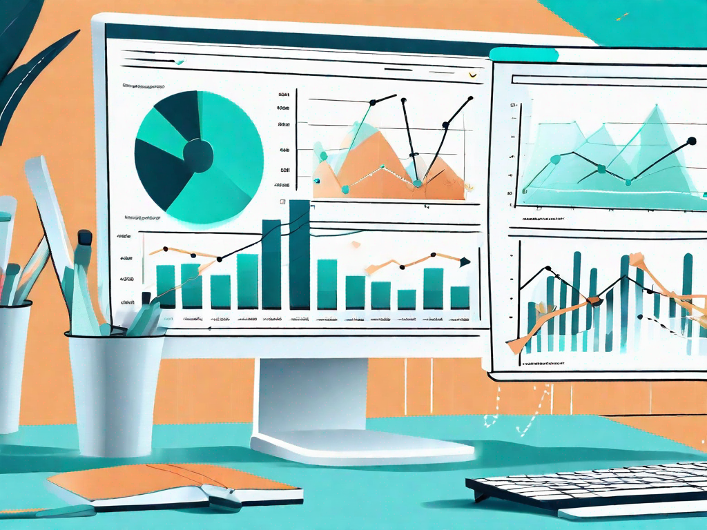 A landing page on a computer screen with various analytics graphs and prediction charts floating around it