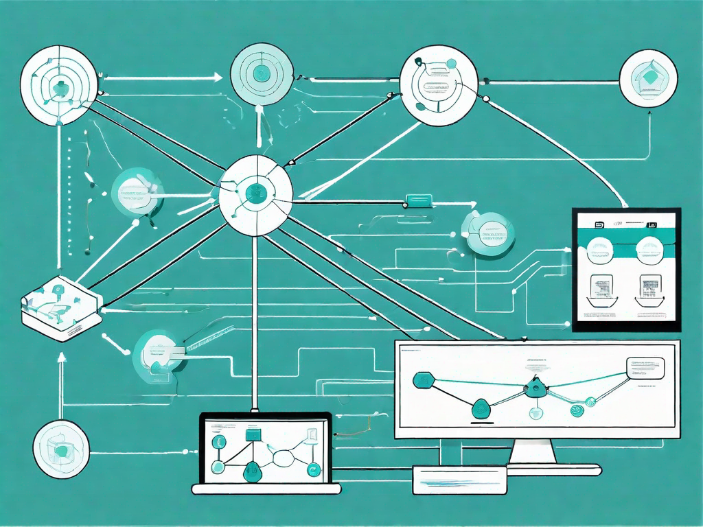 A data flow diagram with various interconnected nodes and arrows