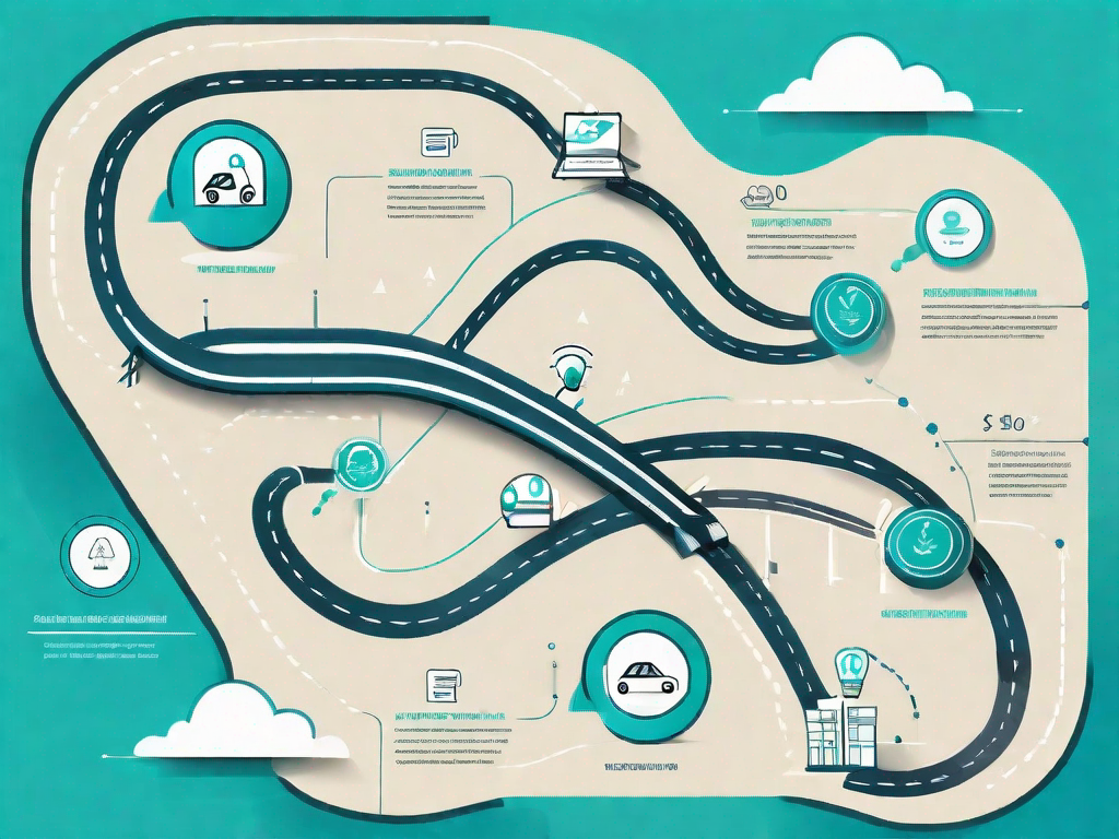 A roadmap with various icons representing different stages of a customer's journey