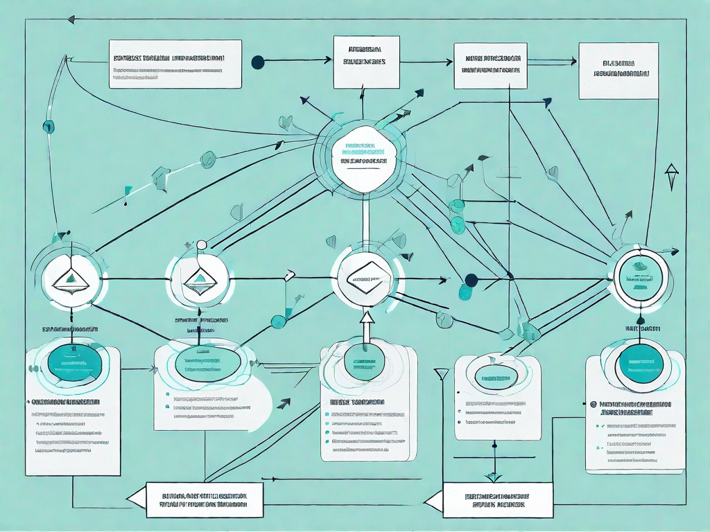 A flowchart diagram with various interconnected elements representing a referral program