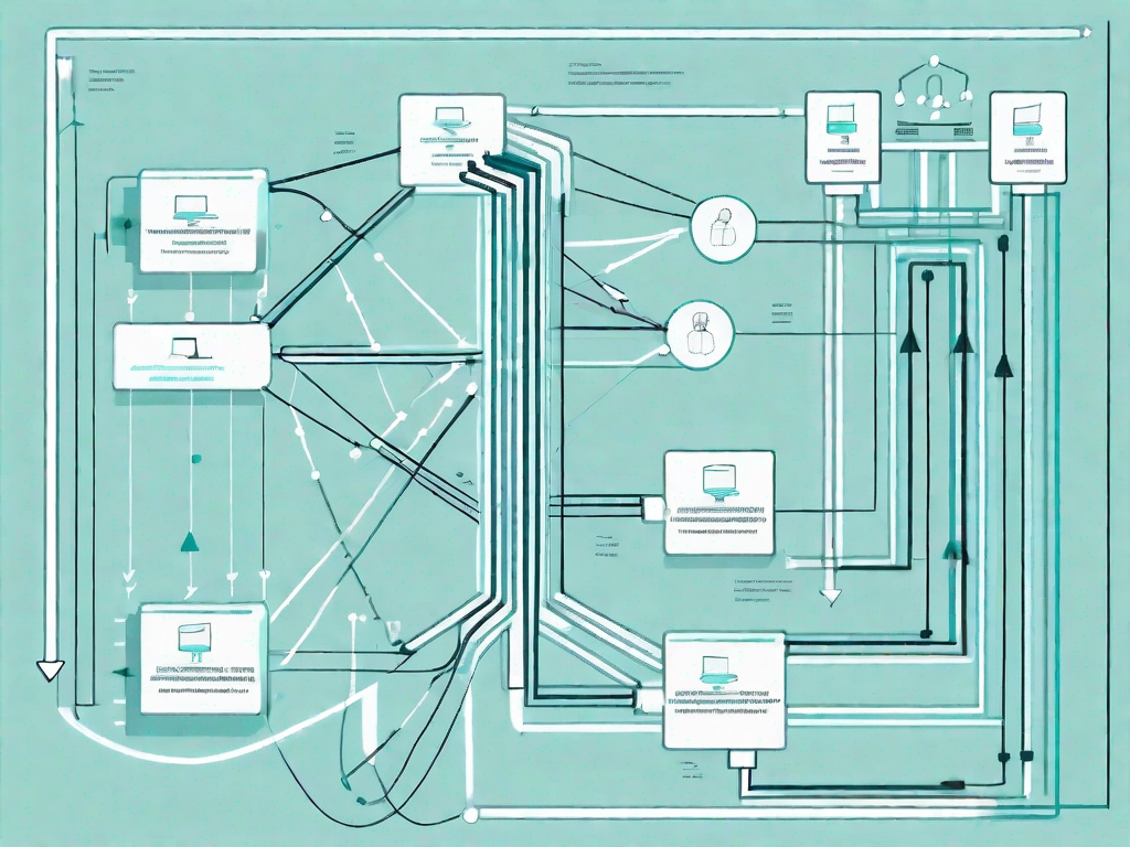 A data flow diagram with various interconnected nodes and arrows