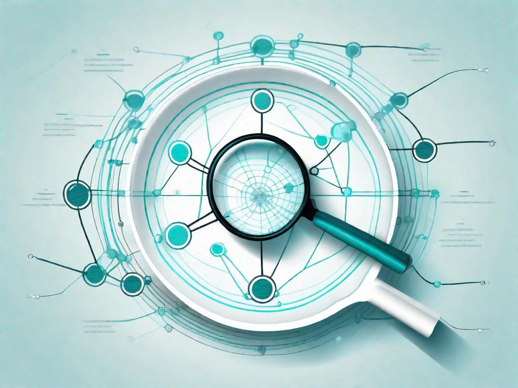 A magnifying glass focusing on a network diagram with various interconnected nodes