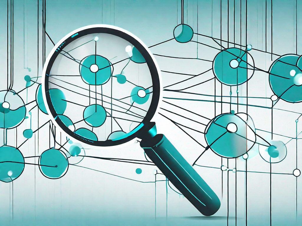 A magnifying glass focusing on a series of interconnected nodes