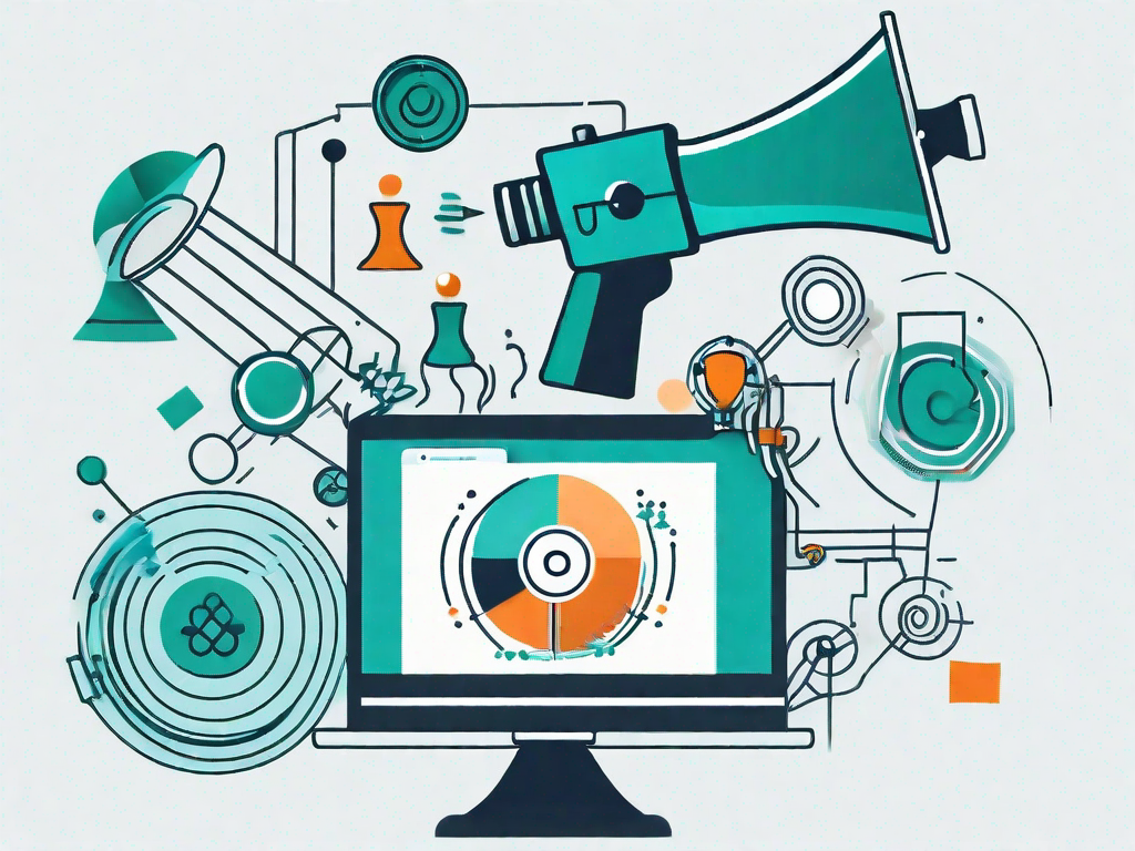 A computer running a monte carlo simulation with various marketing icons like a megaphone