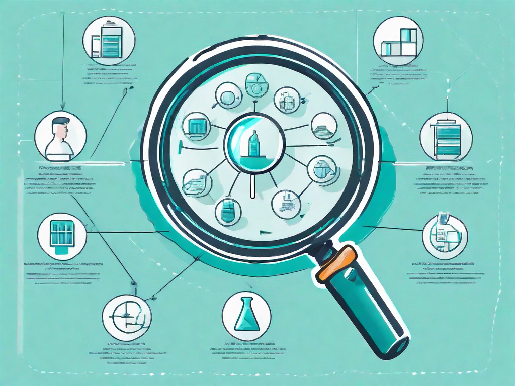 A magnifying glass focusing on a detailed work breakdown structure chart