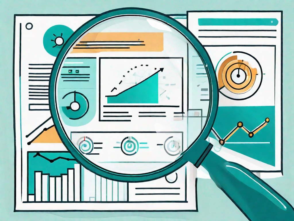 A magnifying glass focusing on a press release document with various kpi (key performance indicators) icons like a chart