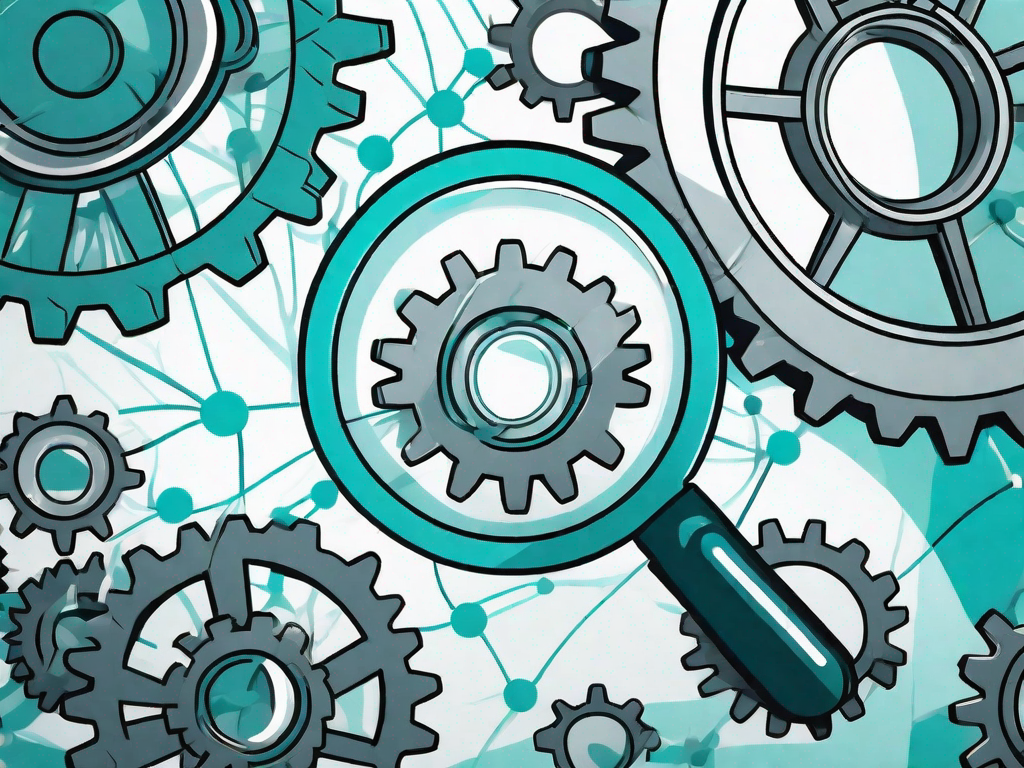 A magnifying glass focusing on a network of interconnected gears