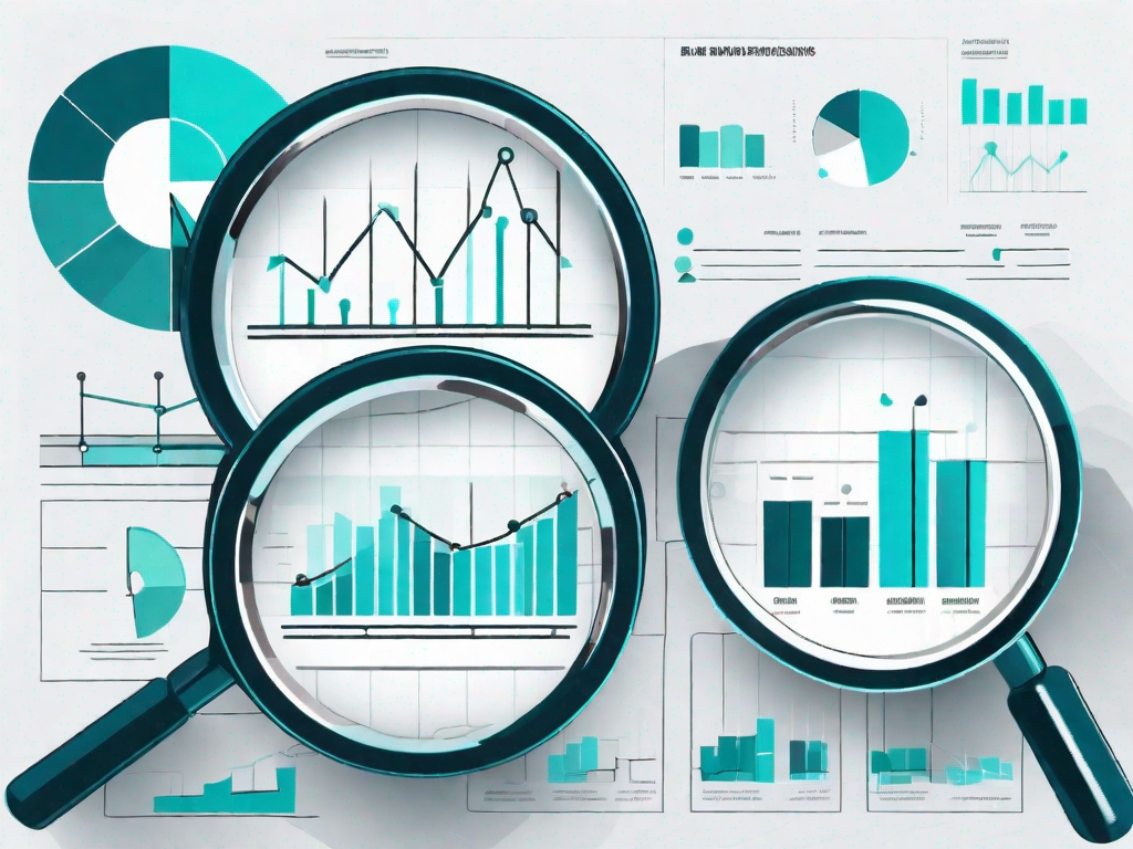 A magnifying glass hovering over a series of bar graphs and pie charts that represent kpis