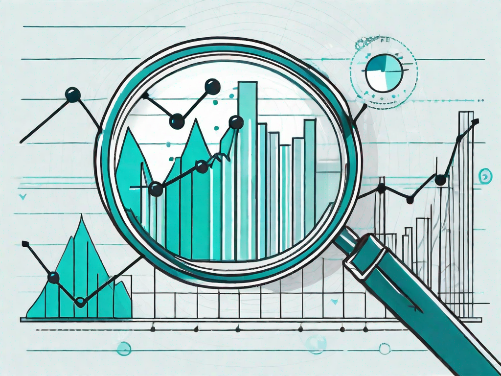 A magnifying glass hovering over a graph with upward-trending lines and various data points