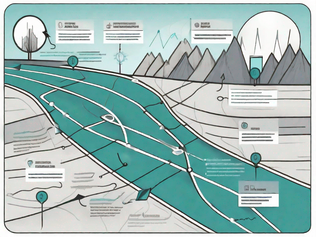 A road map with various points marked as stages of a customer journey