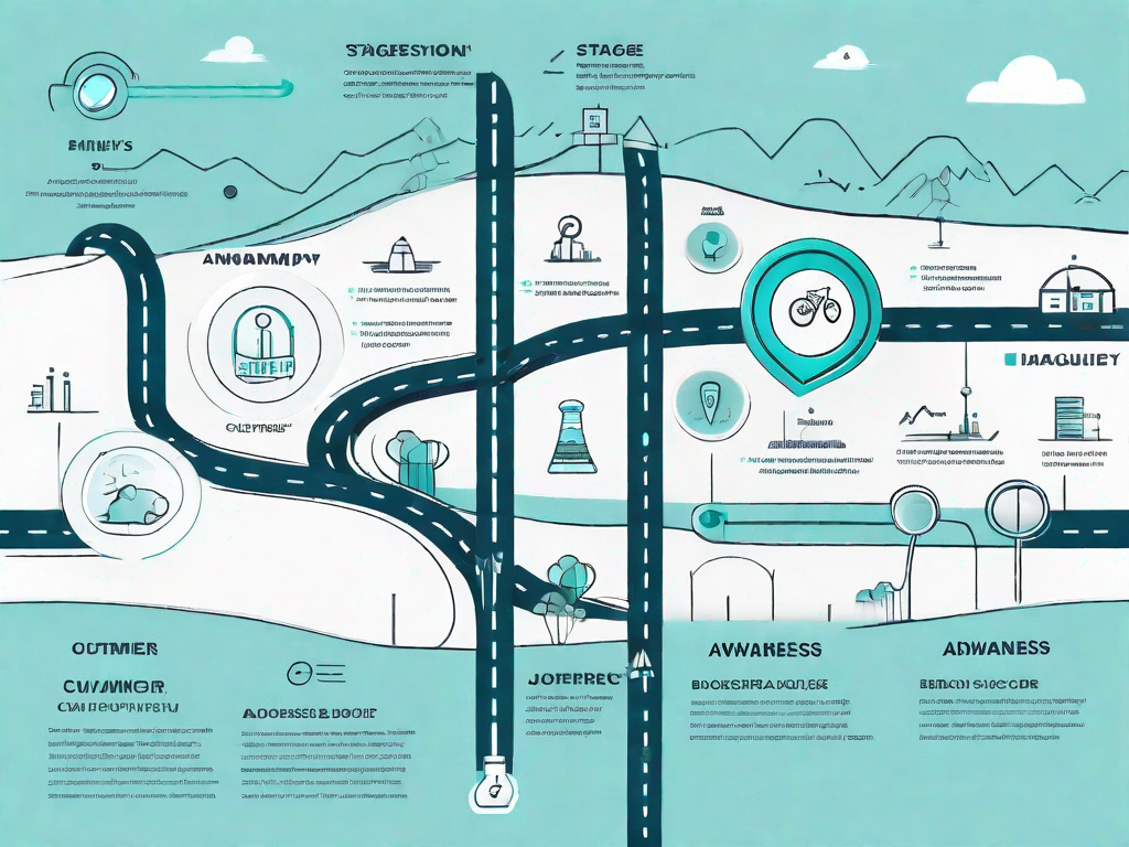 A roadmap with various icons representing different stages of a customer's journey