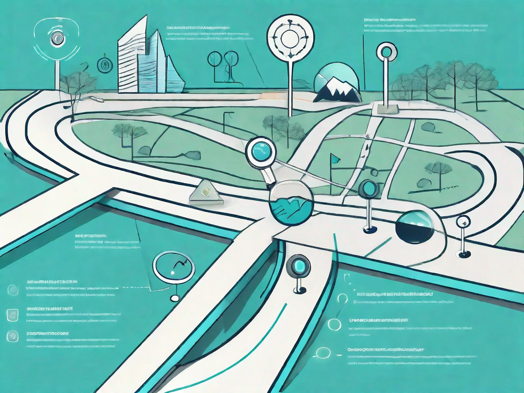 A road map with various points of interest and symbols representing different stages of a customer's journey