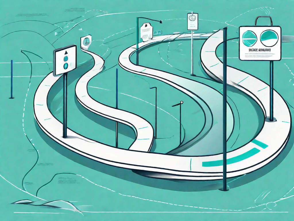 A winding path with various signposts representing different stages of the customer journey