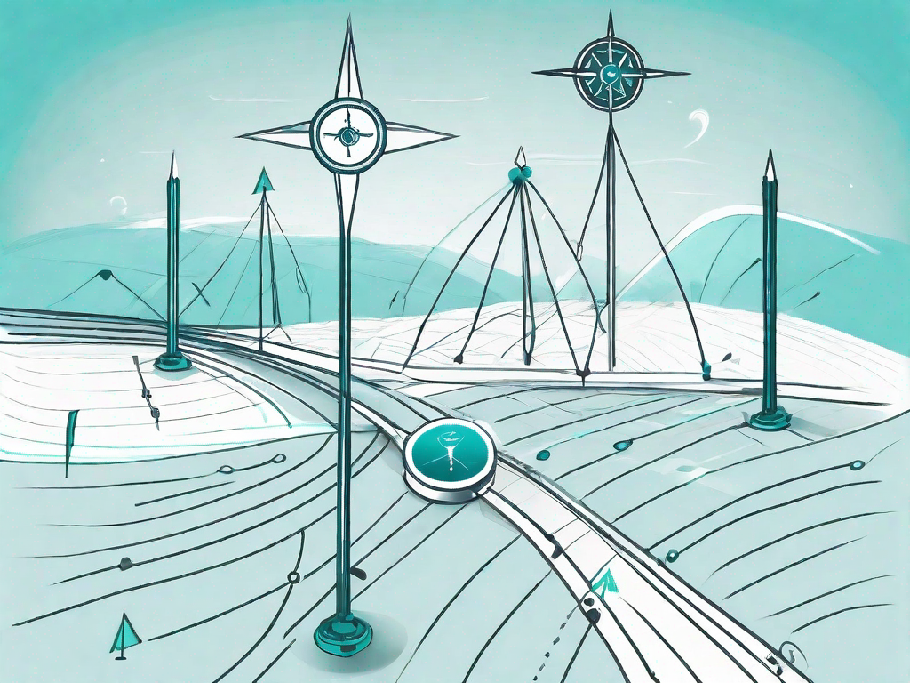 A symbolic journey path with various signposts representing different stages of customer interaction